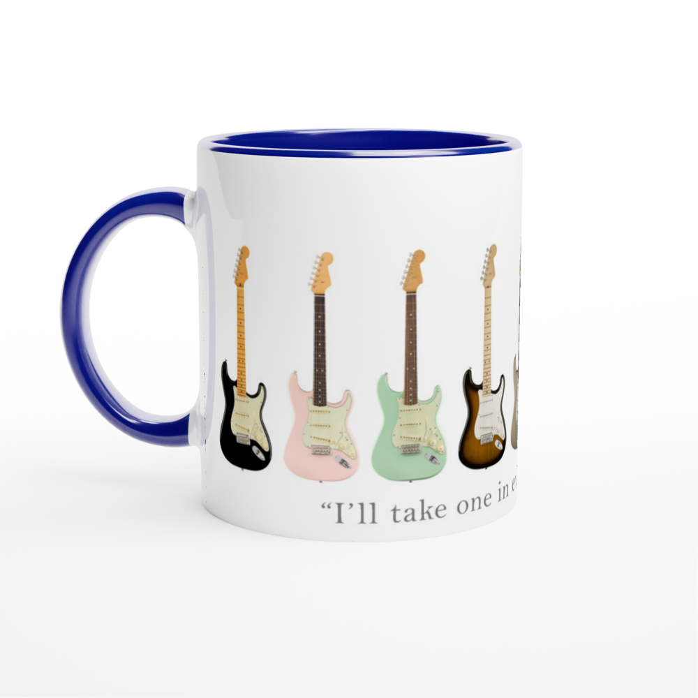 Guitars In Every Colour - White 11oz Ceramic Mug with Colour Inside ceramic blue Colour 11oz Mug Globally Fulfilled Music