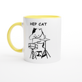 Hep Cat - White 11oz Ceramic Mug with Colour Inside ceramic yellow Colour 11oz Mug animal Globally Fulfilled Music