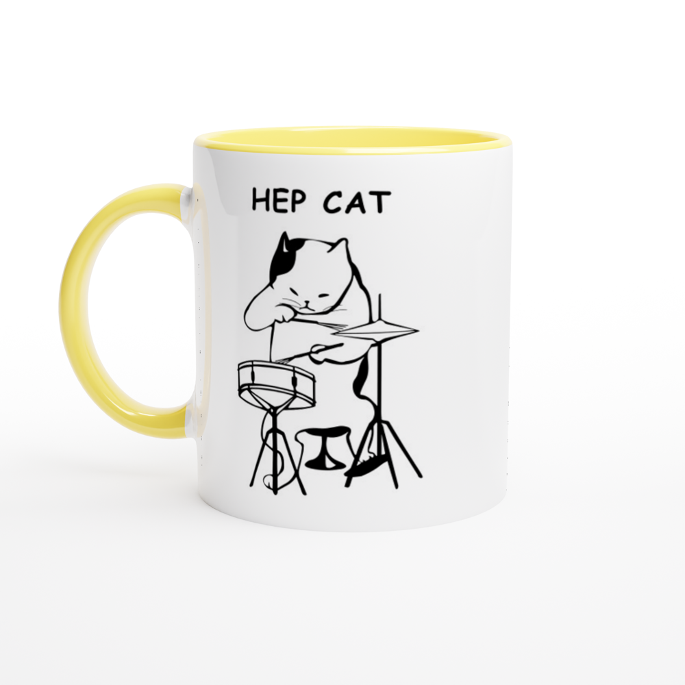 Hep Cat - White 11oz Ceramic Mug with Colour Inside ceramic yellow Colour 11oz Mug animal Globally Fulfilled Music