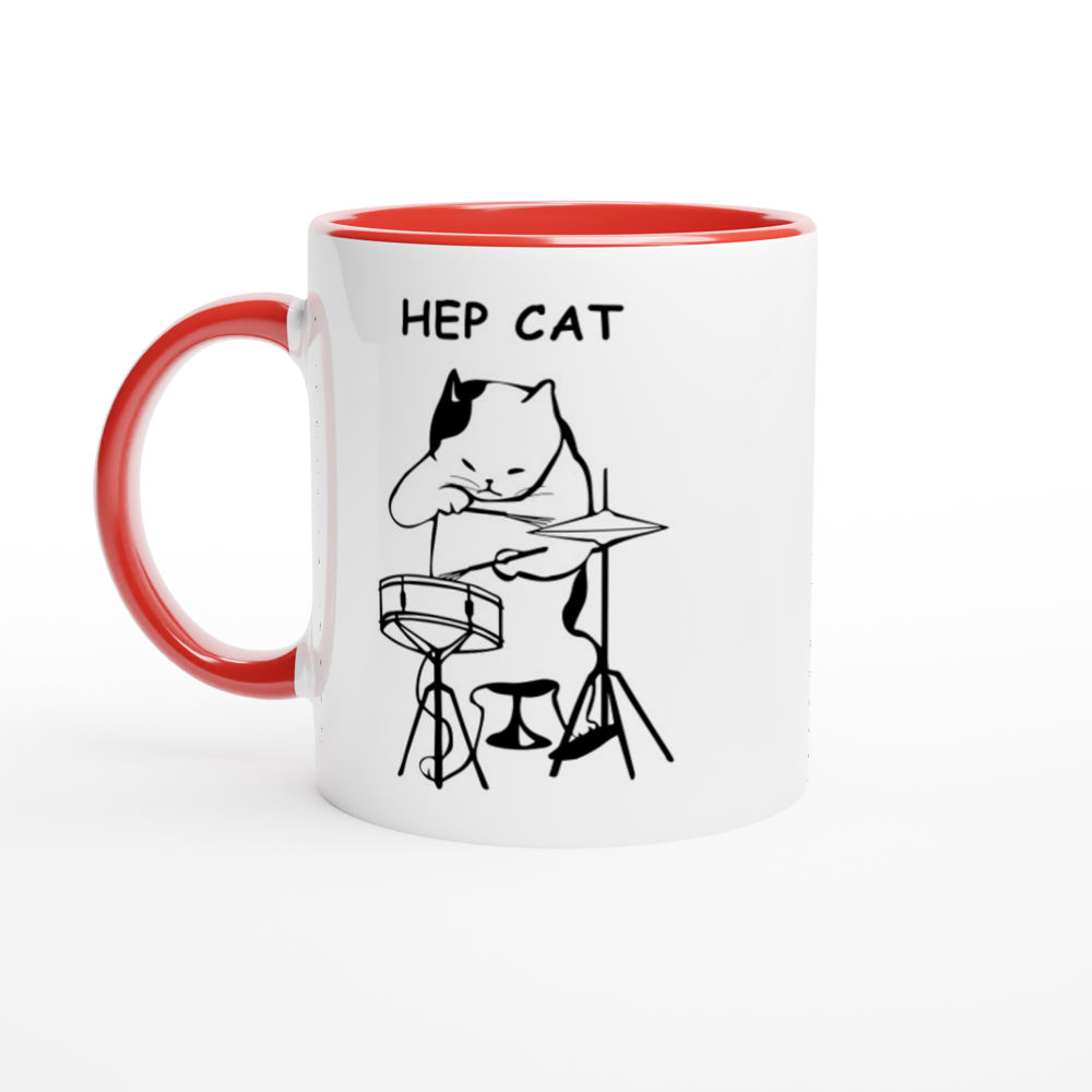 Hep Cat - White 11oz Ceramic Mug with Colour Inside ceramic red Colour 11oz Mug animal Globally Fulfilled Music