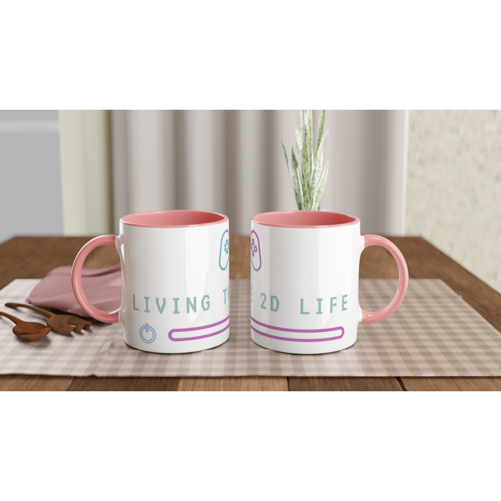 Living The 2D Life White 11oz Ceramic Mug with Colour Inside ceramic pink Colour 11oz Mug Games Globally Fulfilled Tech